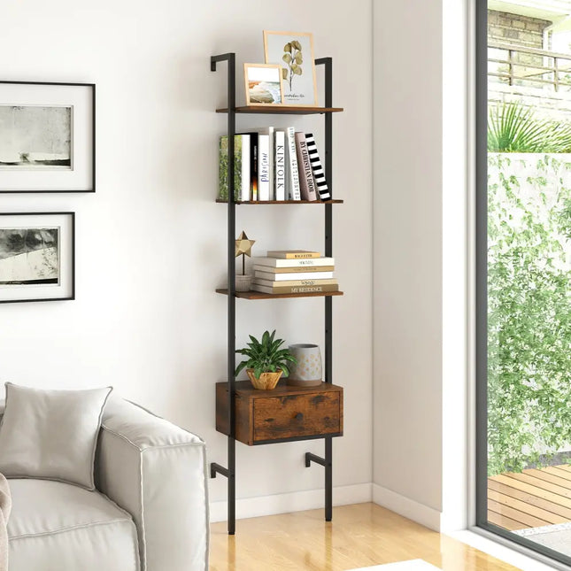 5-Tier Ladder Bookcase with Drawer and Metal Frame for Study Home Office-Rustic Brown - Rustic Brown - Bookcases