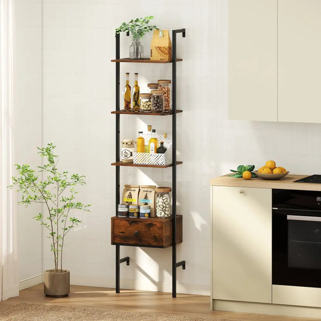 5-Tier Ladder Bookcase with Drawer and Metal Frame for Study Home Office-Rustic Brown - Rustic Brown - Bookcases