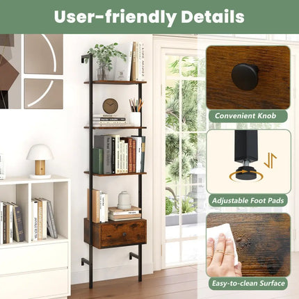 5-Tier Ladder Bookcase with Drawer and Metal Frame for Study Home Office-Rustic Brown - Rustic Brown - Bookcases
