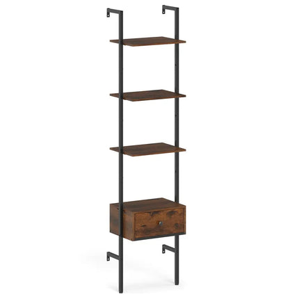 5-Tier Ladder Bookcase with Drawer and Metal Frame for Study Home Office-Rustic Brown - Rustic Brown - Bookcases