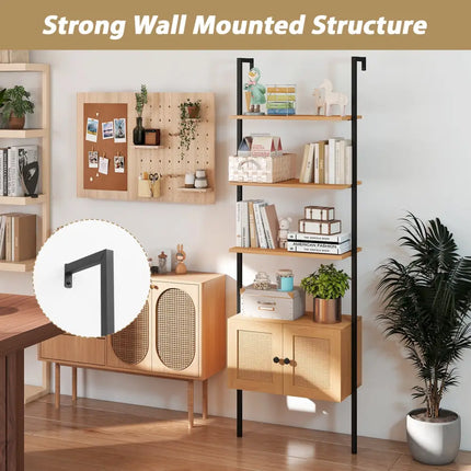 5-Tier Ladder Bookcase with Rattan Cabinet and Metal Frame-Natural - Natural - Bookcases