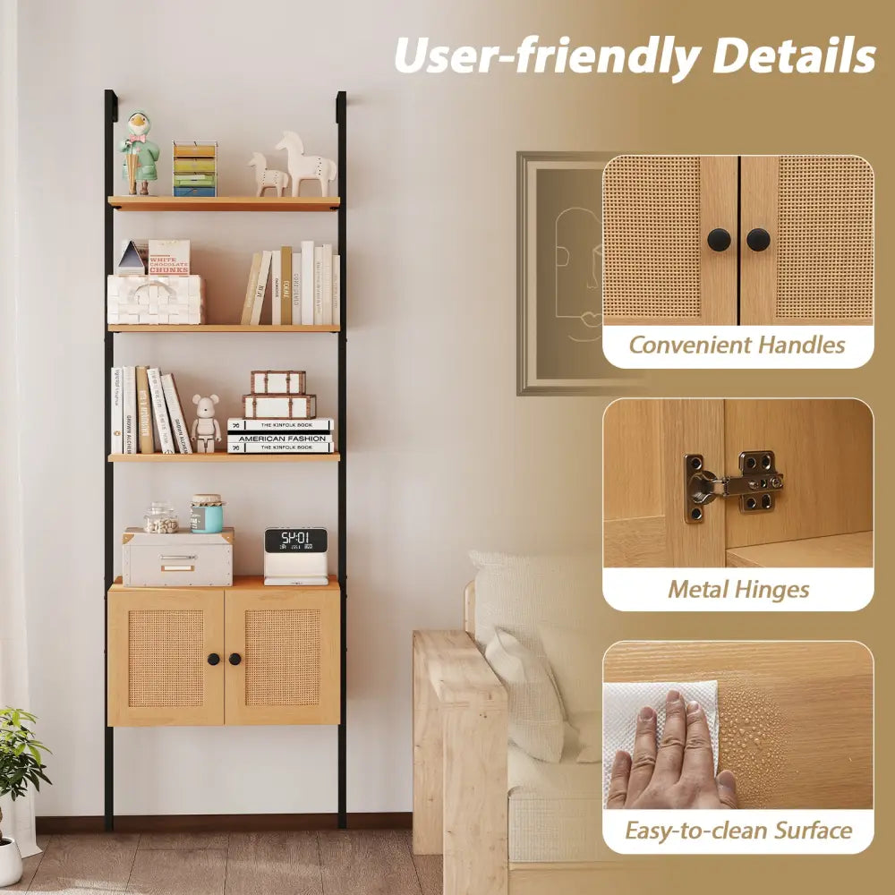 5-Tier Ladder Bookcase with Rattan Cabinet and Metal Frame-Natural - Natural - Bookcases