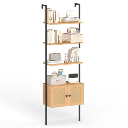5-Tier Ladder Bookcase with Rattan Cabinet and Metal Frame-Natural - Natural - Bookcases
