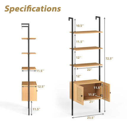 5-Tier Ladder Bookcase with Rattan Cabinet and Metal Frame-Natural - Natural - Bookcases