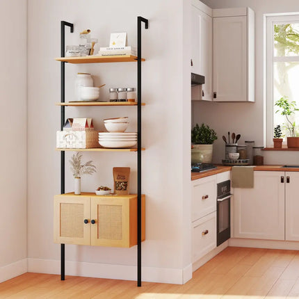 5-Tier Ladder Bookcase with Rattan Cabinet and Metal Frame-Natural - Natural - Bookcases