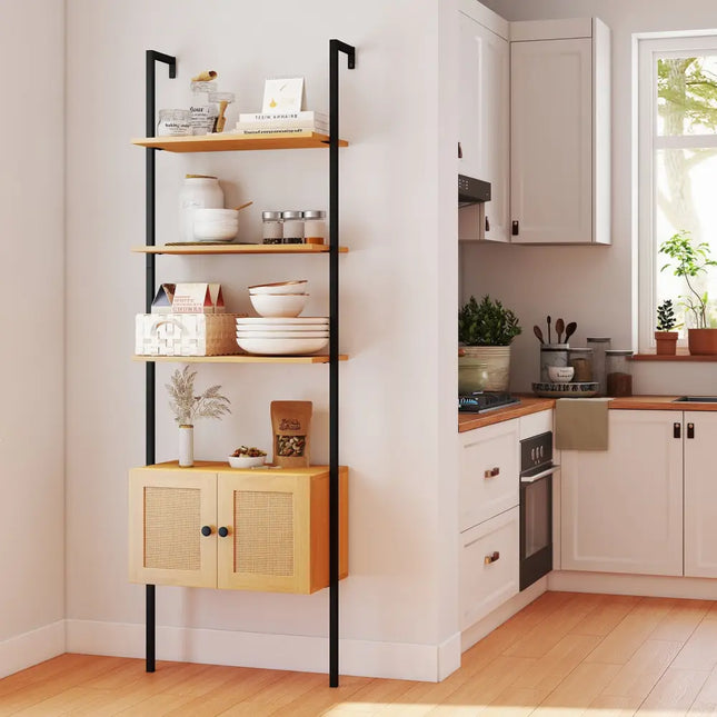 5-Tier Ladder Bookcase with Rattan Cabinet and Metal Frame-Natural - Natural - Bookcases
