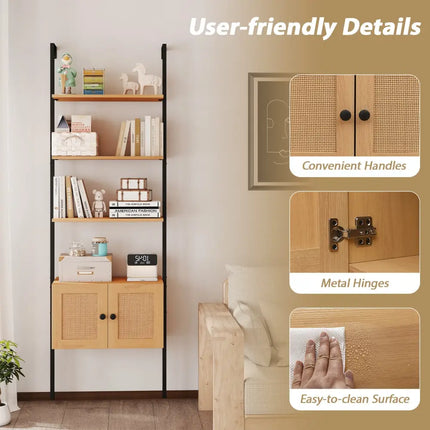 5-Tier Ladder Bookcase with Rattan Cabinet and Metal Frame-Natural - Natural - Bookcases