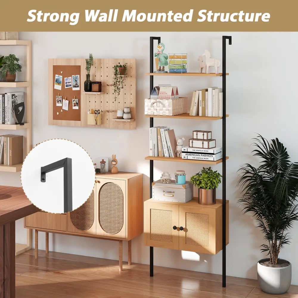 5-Tier Ladder Bookcase with Rattan Cabinet and Metal Frame-Natural - Natural - Bookcases