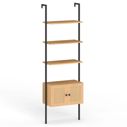5-Tier Ladder Bookcase with Rattan Cabinet and Metal Frame-Natural - Natural - Bookcases