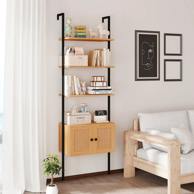 5-Tier Ladder Bookcase with Rattan Cabinet and Metal Frame-Natural - Natural - Bookcases