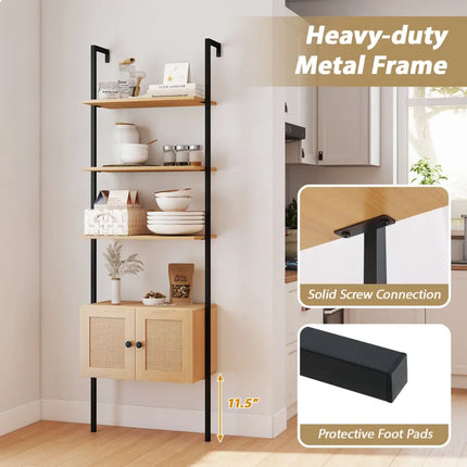 5-Tier Ladder Bookcase with Rattan Cabinet and Metal Frame-Natural - Natural - Bookcases