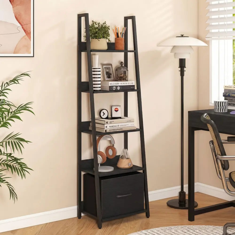 5-Tier Ladder Bookshelf with Fabric Drawer for Living Room and Home Office-Black - Black - Bookcases