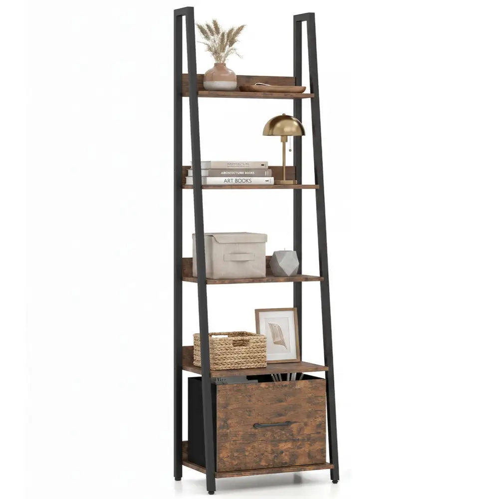 5-Tier Ladder Bookshelf with Fabric Drawer for Living Room and Home Office-Rustic Brown - Rustic Brown - Bookcases