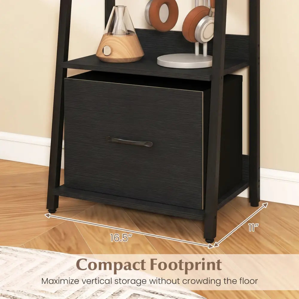 5-Tier Ladder Bookshelf with Fabric Drawer for Living Room and Home Office-Black - Black - Bookcases