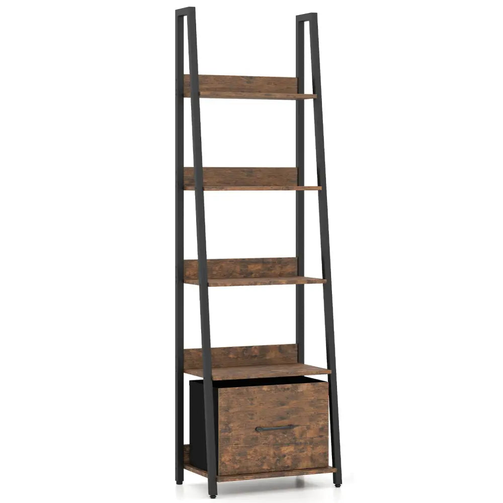 5-Tier Ladder Bookshelf with Fabric Drawer for Living Room and Home Office-Rustic Brown - Rustic Brown - Bookcases