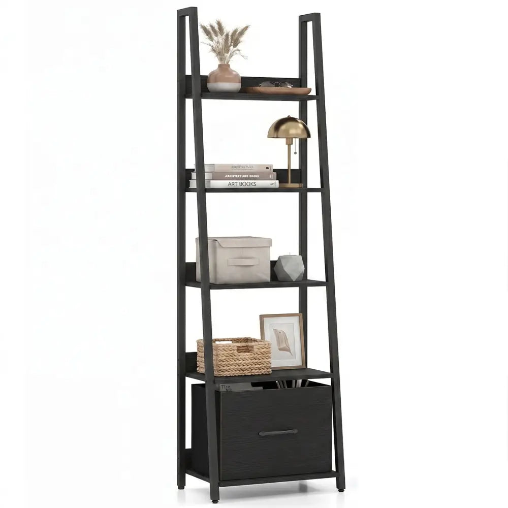 5-Tier Ladder Bookshelf with Fabric Drawer for Living Room and Home Office-Black - Black - Bookcases