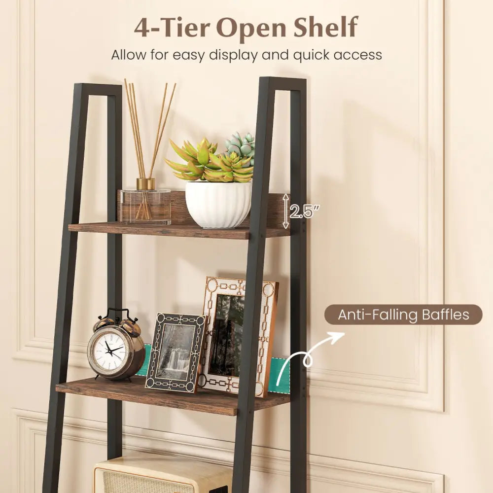 5-Tier Ladder Bookshelf with Fabric Drawer for Living Room and Home Office-Rustic Brown - Rustic Brown - Bookcases