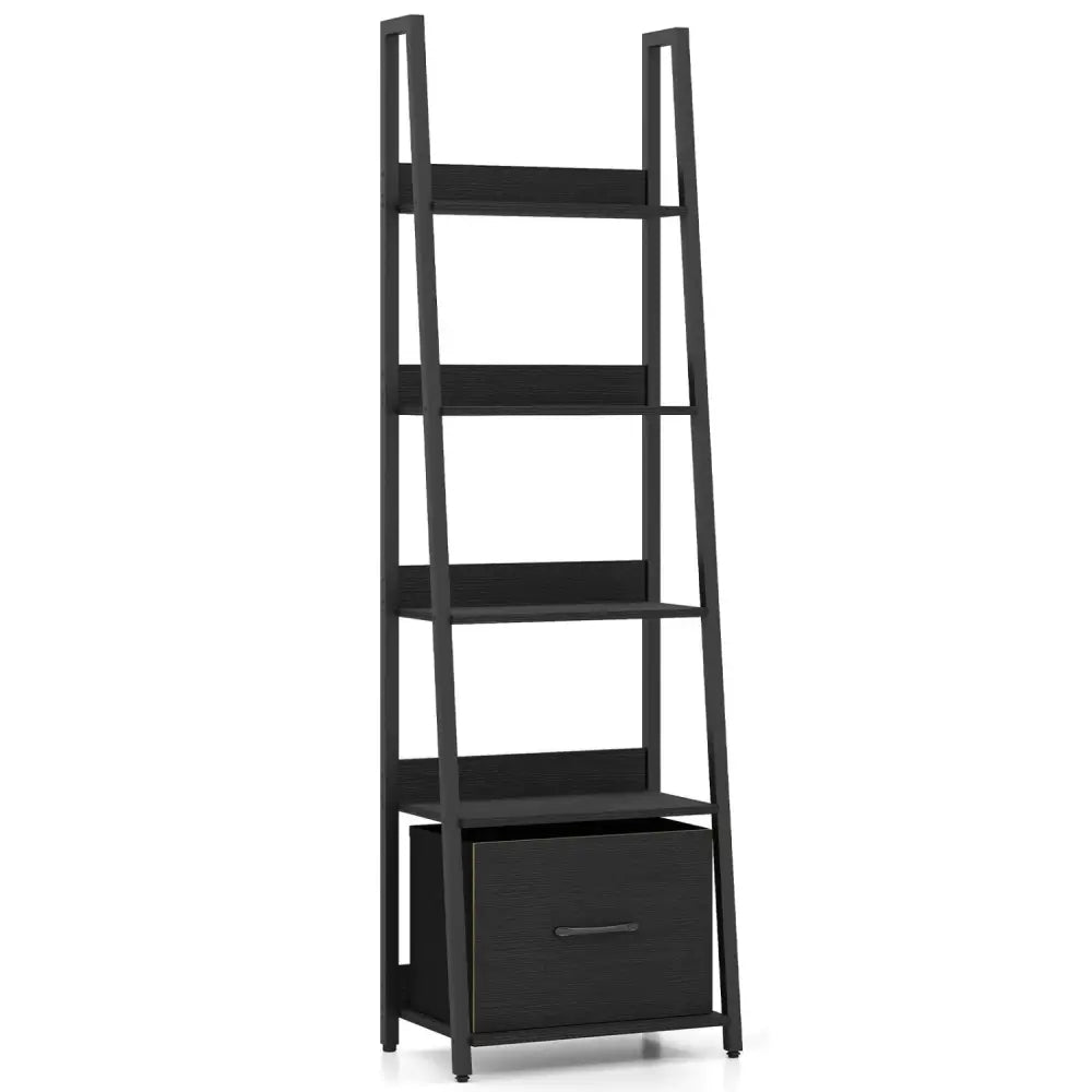 5-Tier Ladder Bookshelf with Fabric Drawer for Living Room and Home Office-Black - Black - Bookcases