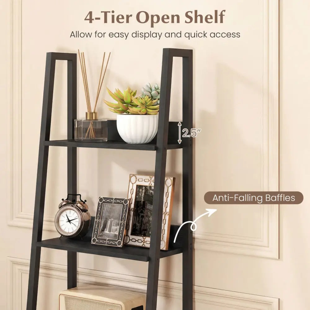 5-Tier Ladder Bookshelf with Fabric Drawer for Living Room and Home Office-Black - Black - Bookcases