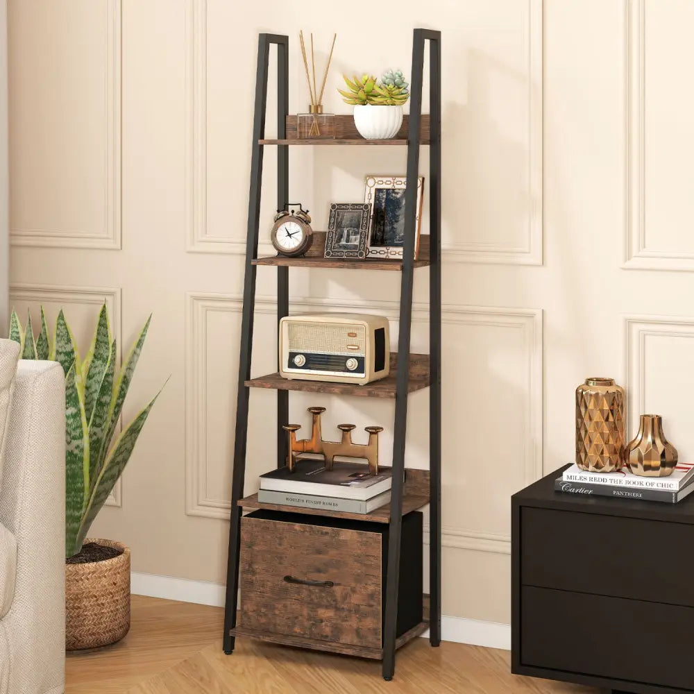 5-Tier Ladder Bookshelf with Fabric Drawer for Living Room and Home Office-Rustic Brown - Rustic Brown - Bookcases