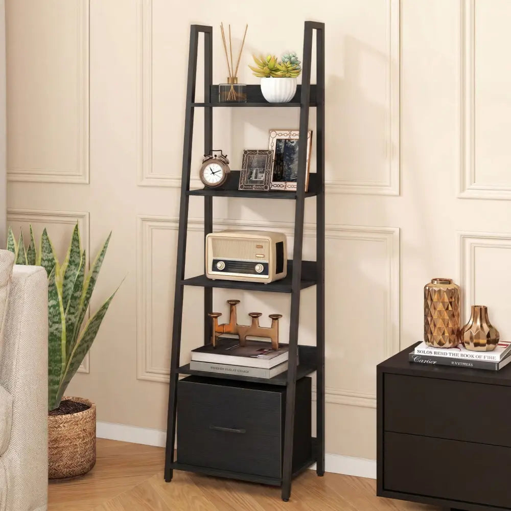 5-Tier Ladder Bookshelf with Fabric Drawer for Living Room and Home Office-Black - Black - Bookcases