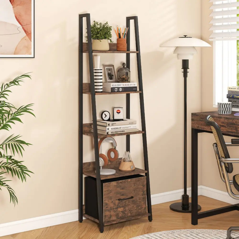 5-Tier Ladder Bookshelf with Fabric Drawer for Living Room and Home Office-Rustic Brown - Rustic Brown - Bookcases