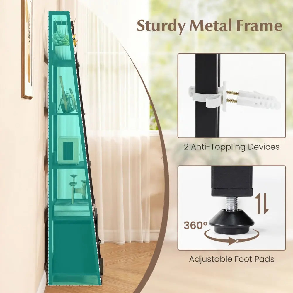 5-Tier Ladder Bookshelf with Fabric Drawer for Living Room and Home Office-Black - Black - Bookcases