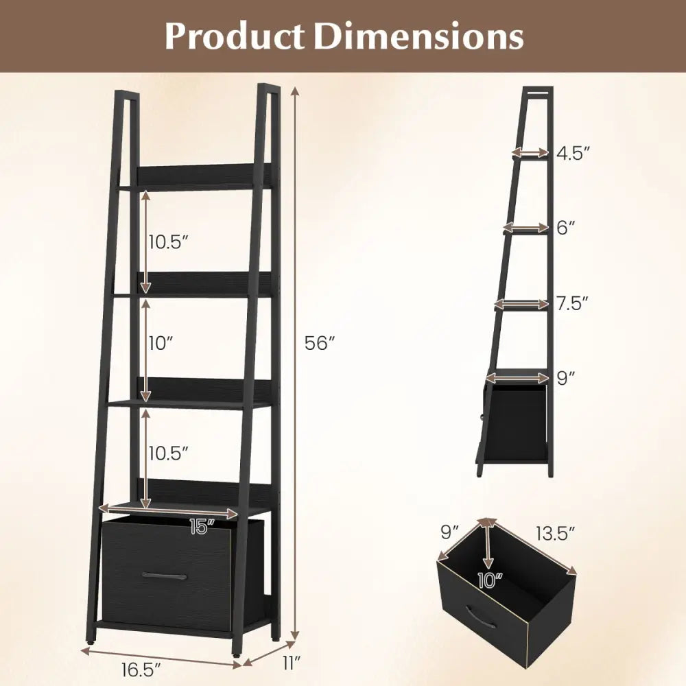 5-Tier Ladder Bookshelf with Fabric Drawer for Living Room and Home Office-Black - Black - Bookcases