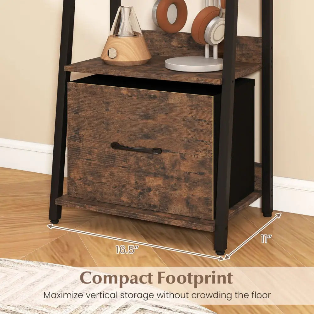 5-Tier Ladder Bookshelf with Fabric Drawer for Living Room and Home Office-Rustic Brown - Rustic Brown - Bookcases