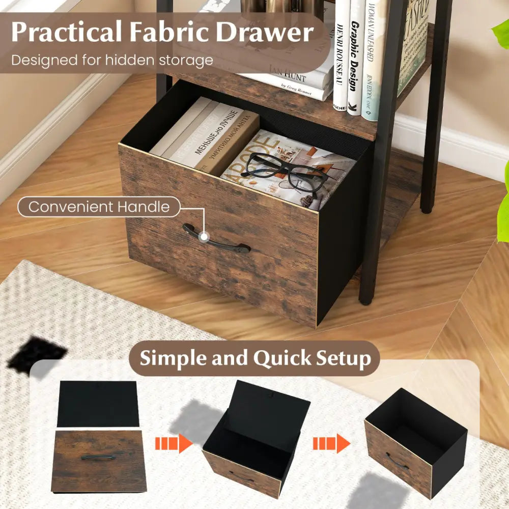 5-Tier Ladder Bookshelf with Fabric Drawer for Living Room and Home Office-Rustic Brown - Rustic Brown - Bookcases