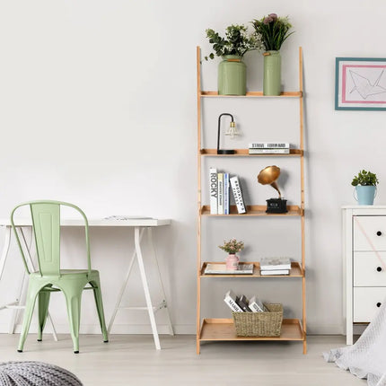 5-Tier Ladder Shelf Bamboo Bookshelf Wall-Leaning Storage Display Plant Stand-Natural - Natural - Bookcases