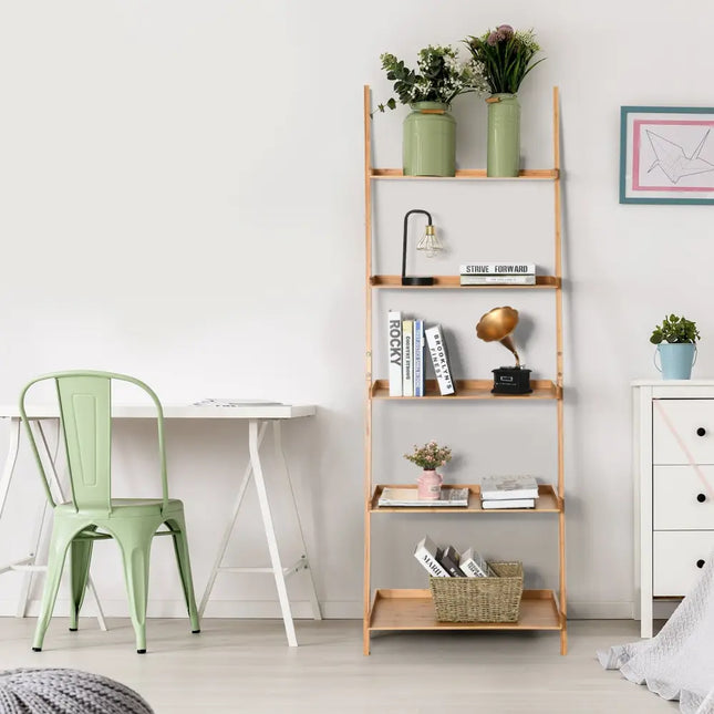 5-Tier Ladder Shelf Bamboo Bookshelf Wall-Leaning Storage Display Plant Stand-Natural - Natural - Bookcases