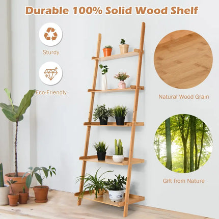 5-Tier Ladder Shelf Bamboo Bookshelf Wall-Leaning Storage Display Plant Stand-Natural - Natural - Bookcases