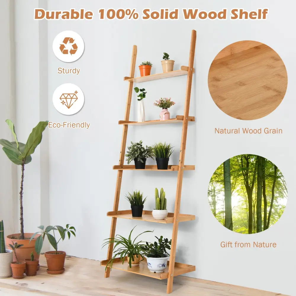 5-Tier Ladder Shelf Bamboo Bookshelf Wall-Leaning Storage Display Plant Stand-Natural - Natural - Bookcases