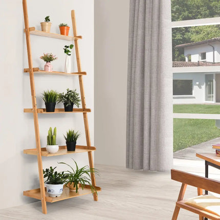 5-Tier Ladder Shelf Bamboo Bookshelf Wall-Leaning Storage Display Plant Stand-Natural - Natural - Bookcases