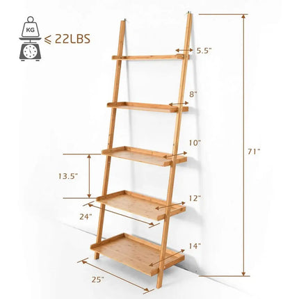 5-Tier Ladder Shelf Bamboo Bookshelf Wall-Leaning Storage Display Plant Stand-Natural - Natural - Bookcases