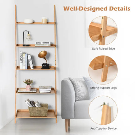 5-Tier Ladder Shelf Bamboo Bookshelf Wall-Leaning Storage Display Plant Stand-Natural - Natural - Bookcases