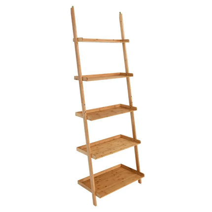 5-Tier Ladder Shelf Bamboo Bookshelf Wall-Leaning Storage Display Plant Stand-Natural - Natural - Bookcases