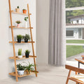 5-Tier Ladder Shelf Bamboo Bookshelf Wall-Leaning Storage Display Plant Stand-Natural - Natural - Bookcases