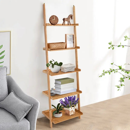 5-Tier Ladder Shelf Bamboo Bookshelf Wall-Leaning Storage Display Plant Stand-Natural - Natural - Bookcases
