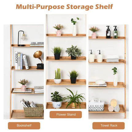 5-Tier Ladder Shelf Bamboo Bookshelf Wall-Leaning Storage Display Plant Stand-Natural - Natural - Bookcases