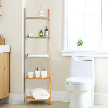 5-Tier Ladder Shelf Modern Bamboo Leaning Bookshelf Ladder Bookcase - Natural - Bookcases