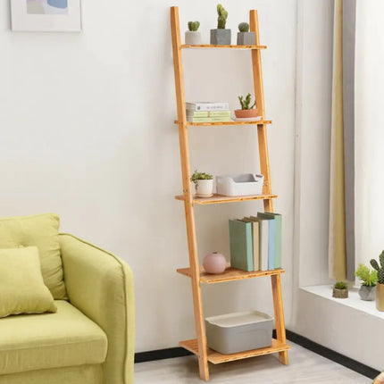 5-Tier Ladder Shelf Modern Bamboo Leaning Bookshelf Ladder Bookcase - Natural - Bookcases