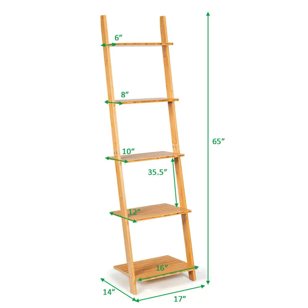 5-Tier Ladder Shelf Modern Bamboo Leaning Bookshelf Ladder Bookcase - Natural - Bookcases
