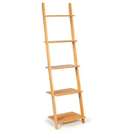 5-Tier Ladder Shelf Modern Bamboo Leaning Bookshelf Ladder Bookcase - Natural - Bookcases