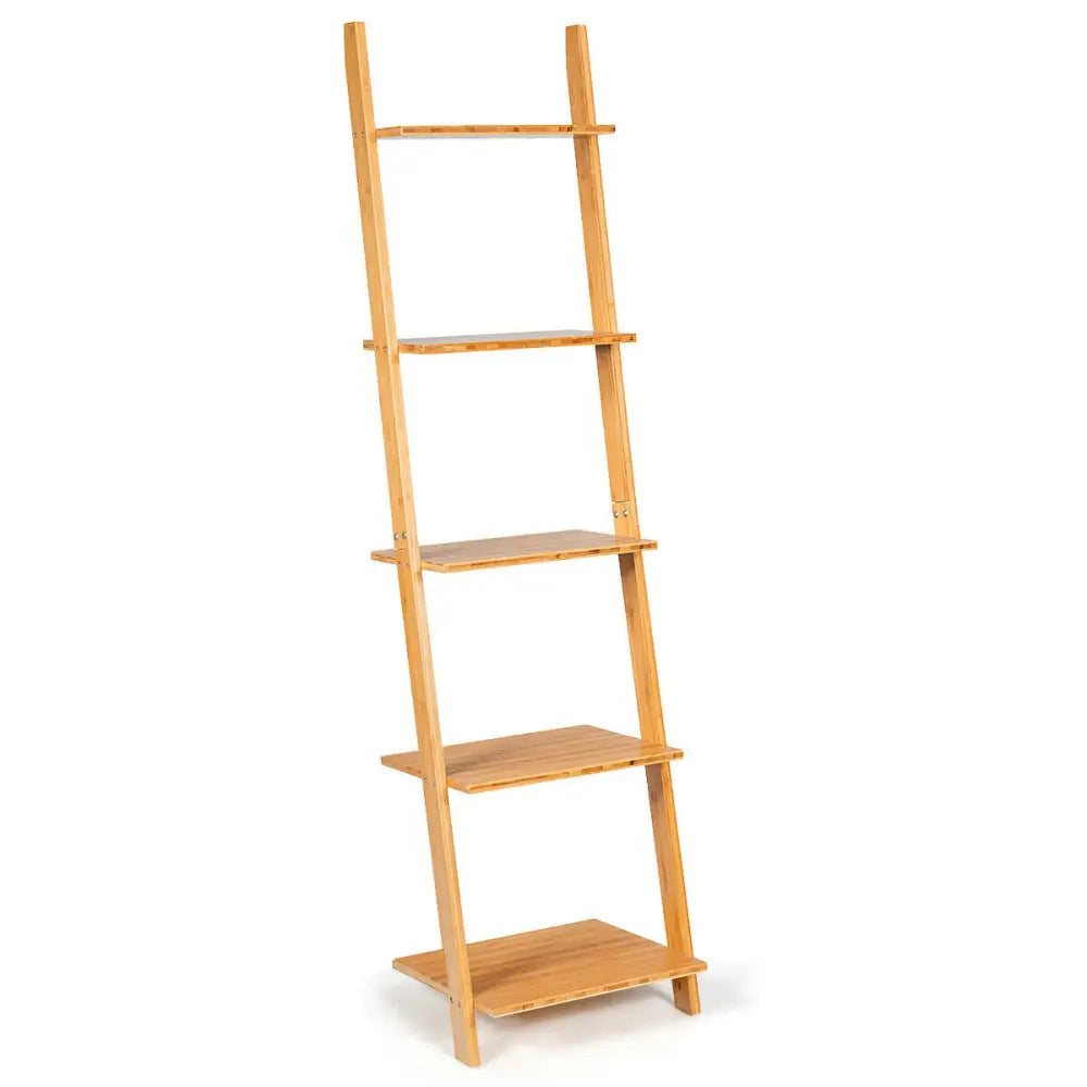 5-Tier Ladder Shelf Modern Bamboo Leaning Bookshelf Ladder Bookcase - Natural - Bookcases