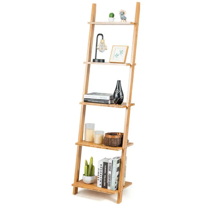 5-Tier Ladder Shelf Modern Bamboo Leaning Bookshelf Ladder Bookcase - Natural - Bookcases