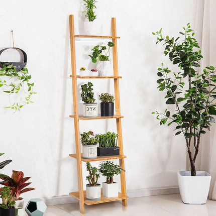 5-Tier Ladder Shelf Modern Bamboo Leaning Bookshelf Ladder Bookcase - Natural - Bookcases