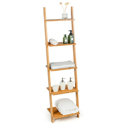 5-Tier Ladder Shelf Modern Bamboo Leaning Bookshelf Ladder Bookcase - Natural - Bookcases