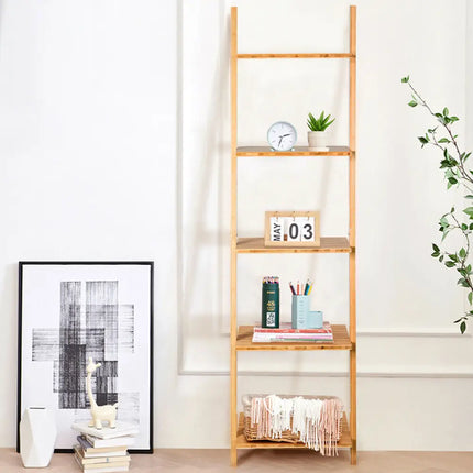 5-Tier Ladder Shelf Modern Bamboo Leaning Bookshelf Ladder Bookcase - Natural - Bookcases